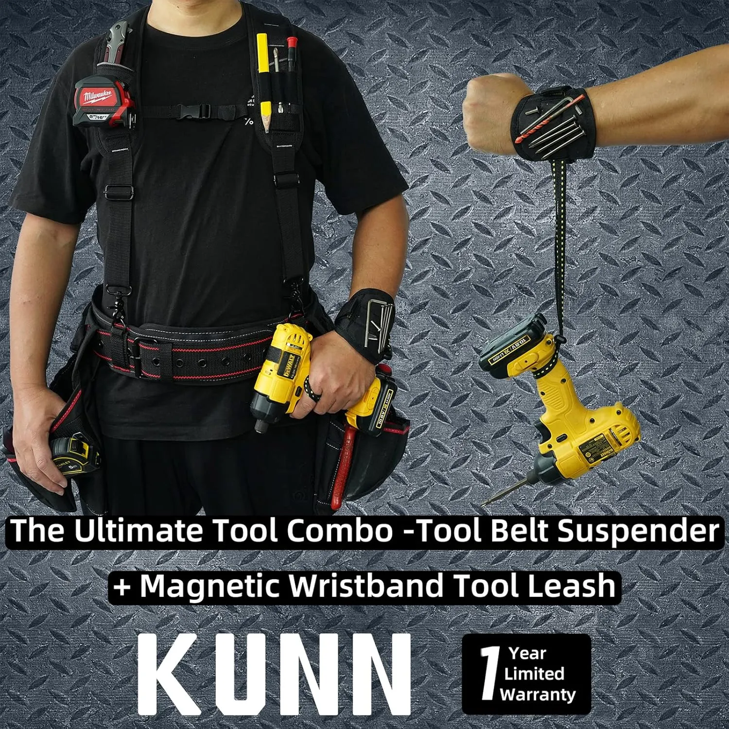 KUNN Tool Belt Suspenders for Men with Magnetic Wristband,Heavy Duty Work Suspender for Construction Electricians Carpenter Framer Tool Belts,Black