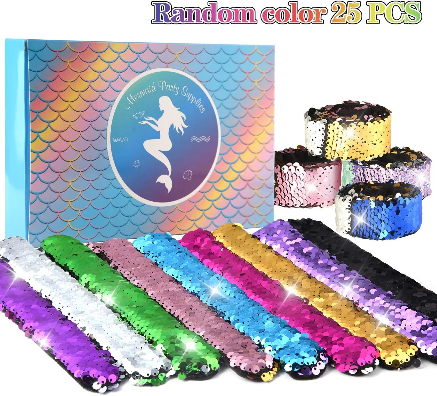 KUUQA 25 Pcs Magic Mermaid Sequin Bracelets Glitter Reversible Sequins Slap Bracelets Wristbands for Kids Little Mermaid Birthday Party Favors Suppiles Goodie Bags Filler (Random Colors)