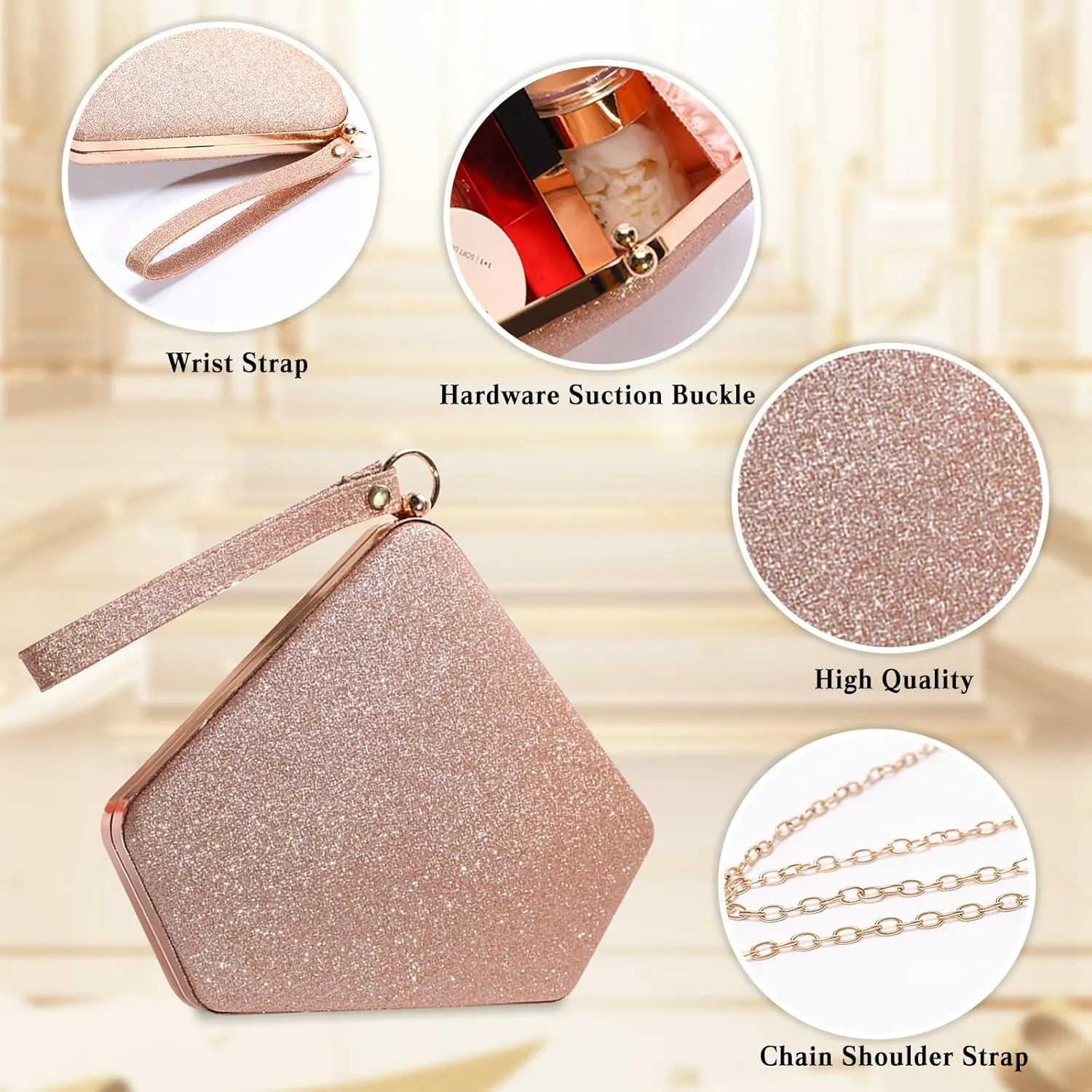 Ladies Sparkly Handbag Elegant Crossbody Glitter Pentagon Shoulder Women Sequin Clutch Bridal Wedding Purse