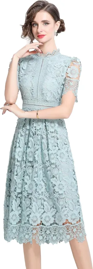 LAI MENG FIVE CATS Women's Short Sleeve Elegant Floral Lace Cocktail Party Swing Midi Dance Dress