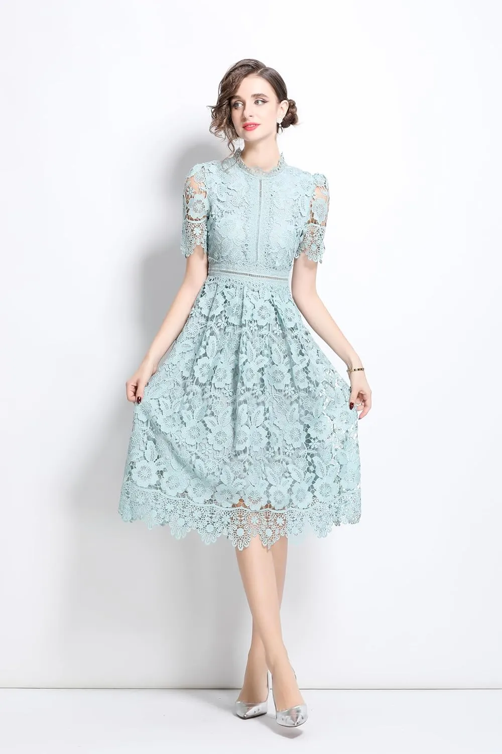 LAI MENG FIVE CATS Women's Short Sleeve Elegant Floral Lace Cocktail Party Swing Midi Dance Dress