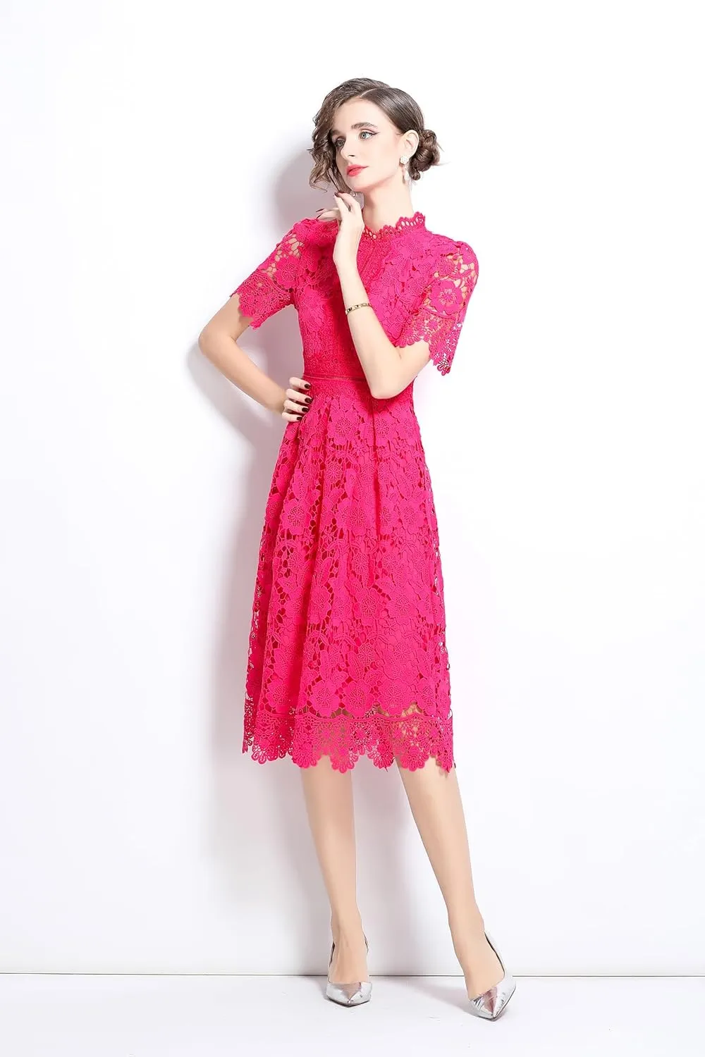LAI MENG FIVE CATS Women's Short Sleeve Elegant Floral Lace Cocktail Party Swing Midi Dance Dress