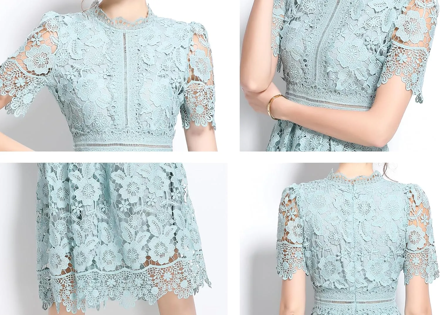 LAI MENG FIVE CATS Women's Short Sleeve Elegant Floral Lace Cocktail Party Swing Midi Dance Dress