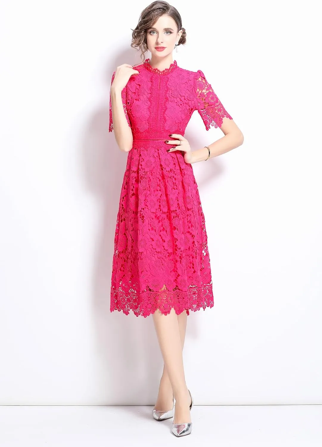 LAI MENG FIVE CATS Women's Short Sleeve Elegant Floral Lace Cocktail Party Swing Midi Dance Dress