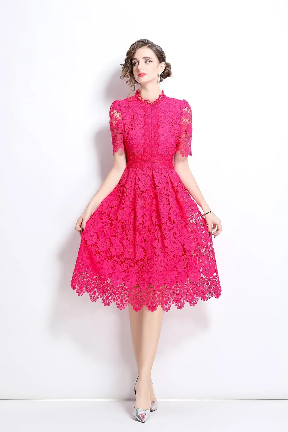 LAI MENG FIVE CATS Women's Short Sleeve Elegant Floral Lace Cocktail Party Swing Midi Dance Dress