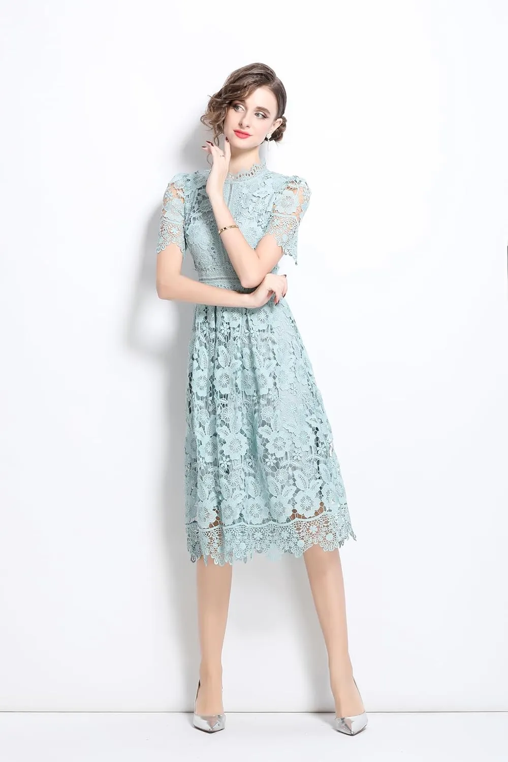 LAI MENG FIVE CATS Women's Short Sleeve Elegant Floral Lace Cocktail Party Swing Midi Dance Dress