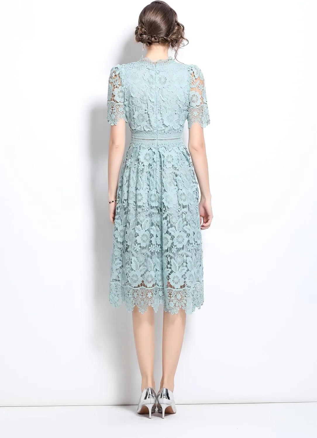 LAI MENG FIVE CATS Women's Short Sleeve Elegant Floral Lace Cocktail Party Swing Midi Dance Dress