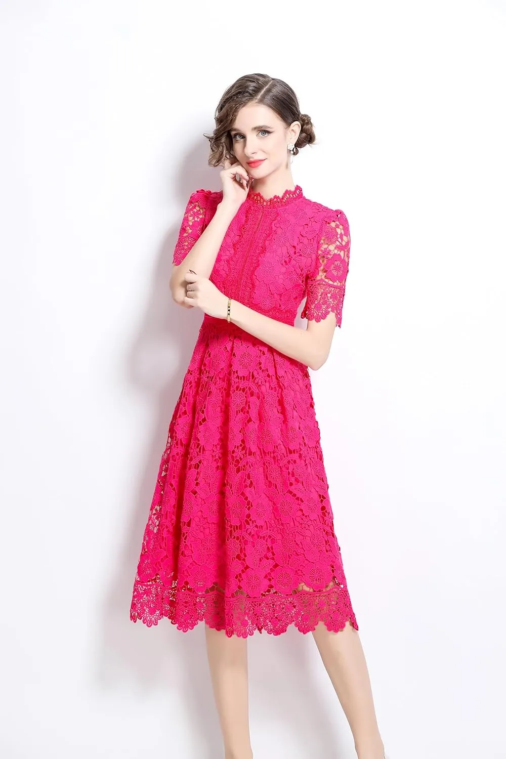 LAI MENG FIVE CATS Women's Short Sleeve Elegant Floral Lace Cocktail Party Swing Midi Dance Dress