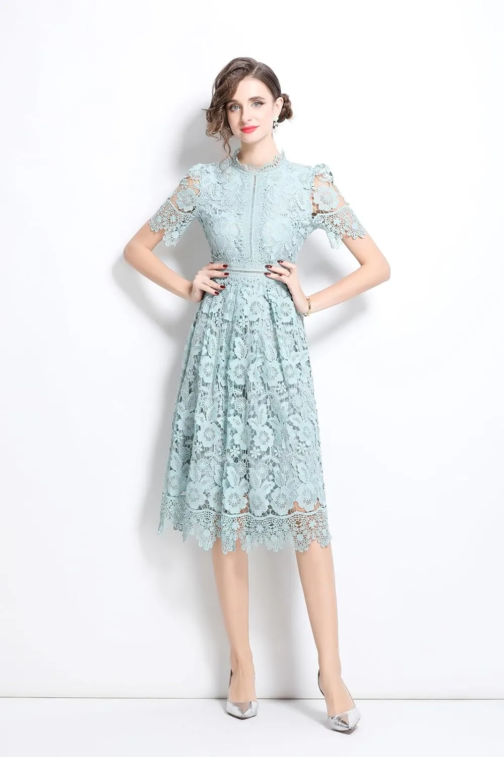 LAI MENG FIVE CATS Women's Short Sleeve Elegant Floral Lace Cocktail Party Swing Midi Dance Dress