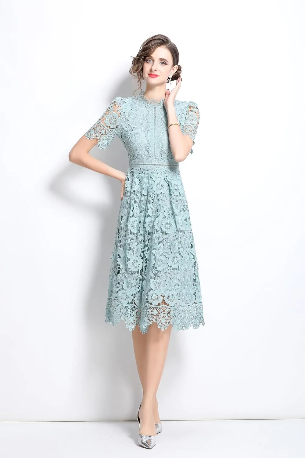 LAI MENG FIVE CATS Women's Short Sleeve Elegant Floral Lace Cocktail Party Swing Midi Dance Dress