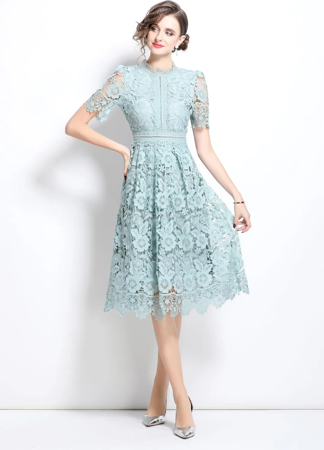 LAI MENG FIVE CATS Women's Short Sleeve Elegant Floral Lace Cocktail Party Swing Midi Dance Dress