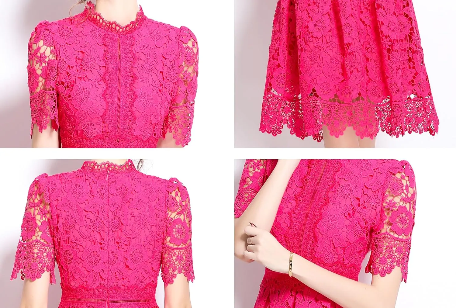 LAI MENG FIVE CATS Women's Short Sleeve Elegant Floral Lace Cocktail Party Swing Midi Dance Dress