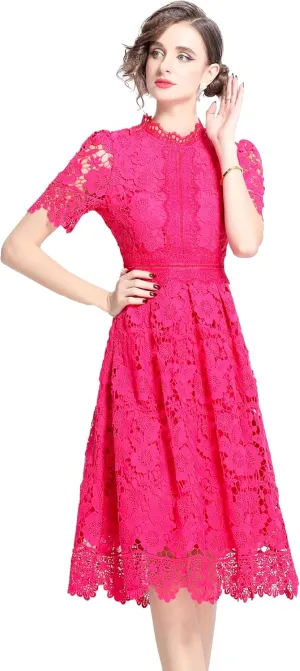 LAI MENG FIVE CATS Women's Short Sleeve Elegant Floral Lace Cocktail Party Swing Midi Dance Dress