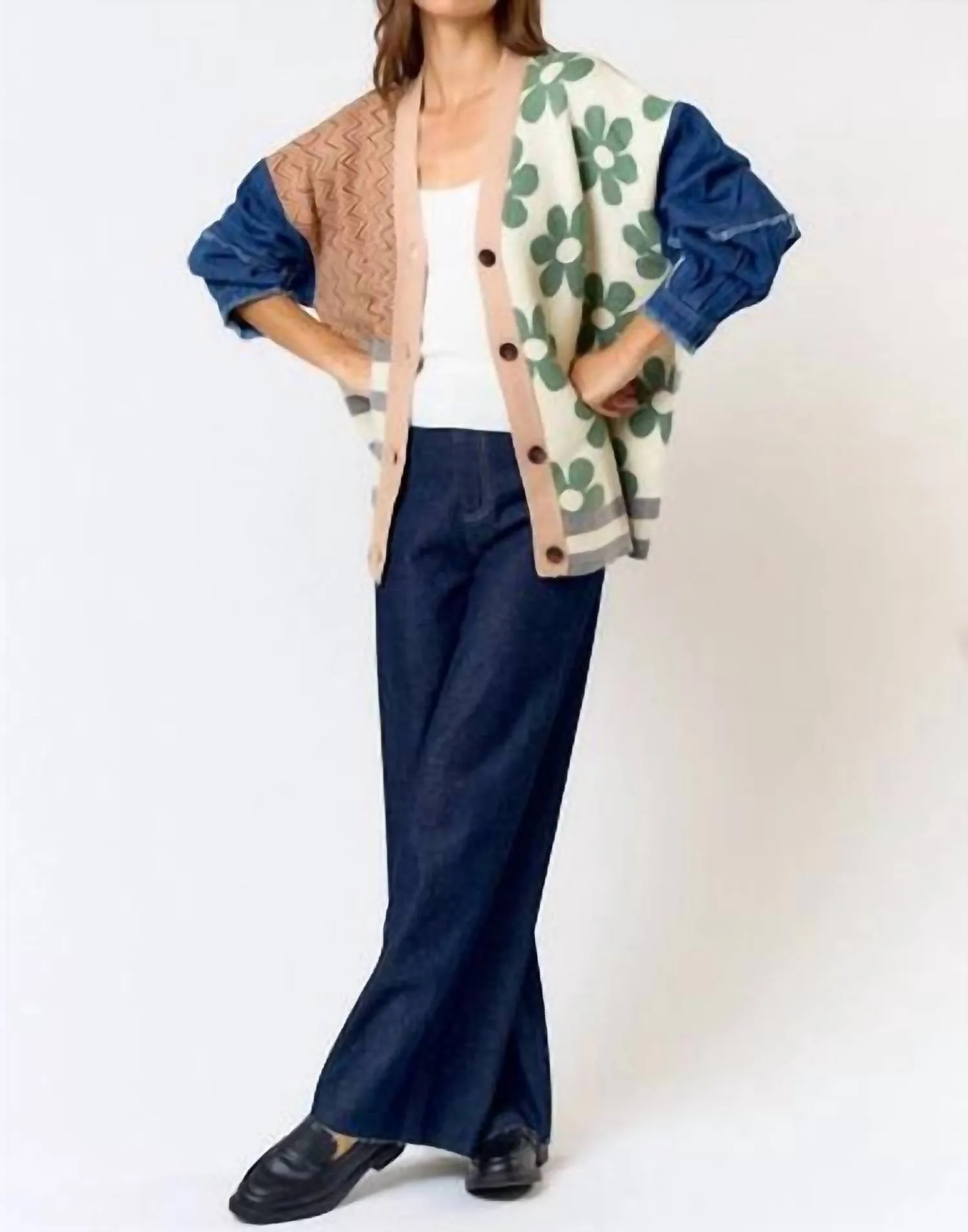 Lalavon - Patchwork Denim Sleeve Cardigan