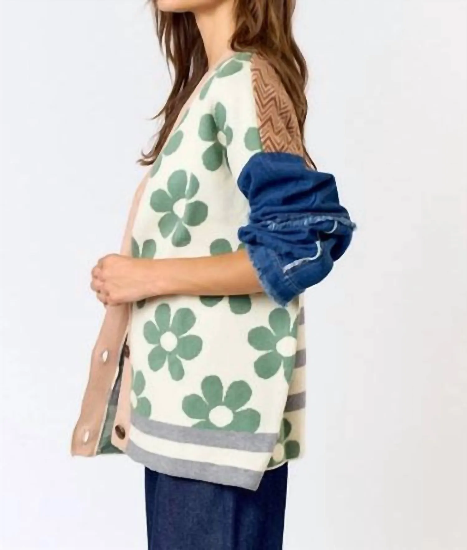 Lalavon - Patchwork Denim Sleeve Cardigan