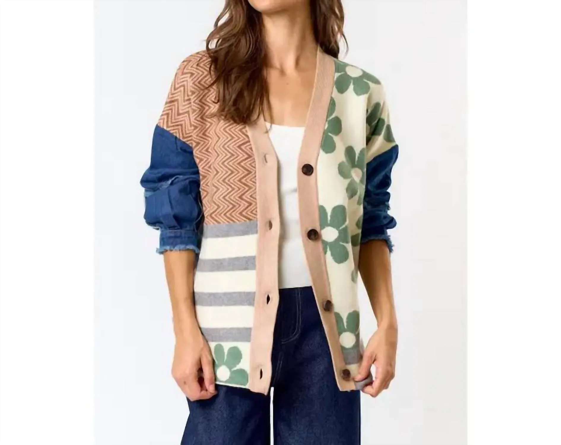 Lalavon - Patchwork Denim Sleeve Cardigan