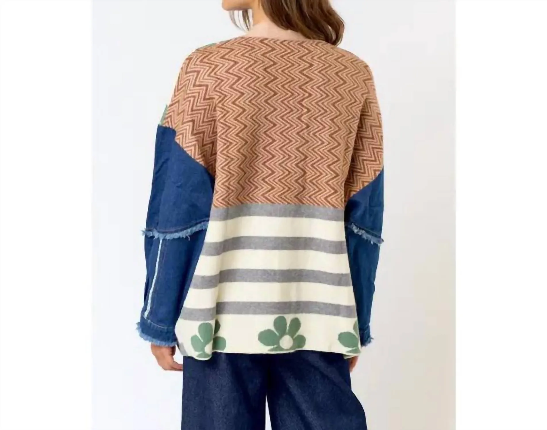 Lalavon - Patchwork Denim Sleeve Cardigan