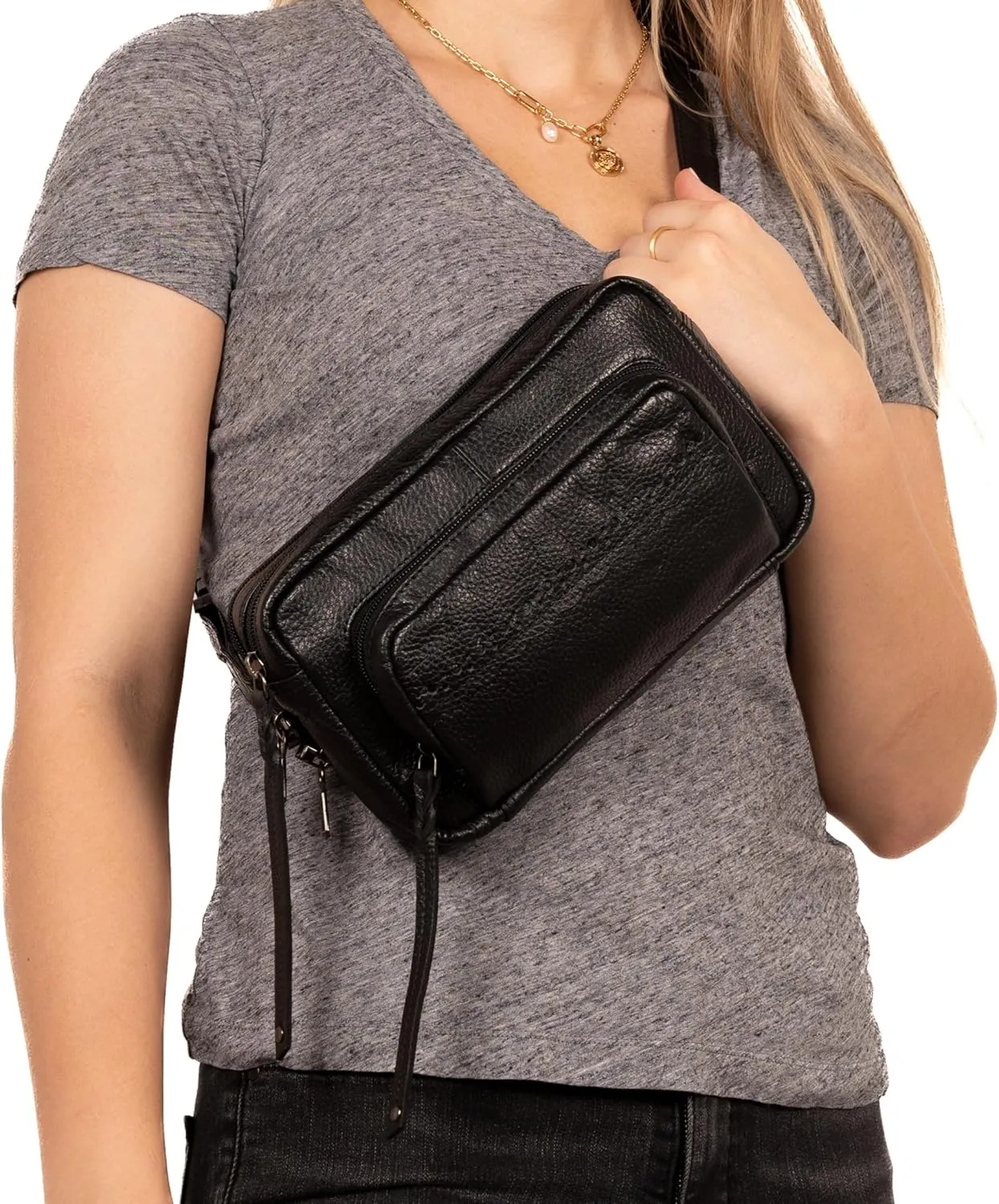 Laney Buffalo Leather Waist Pack Organizer by Lady Conceal with Locking Zippers (Black)