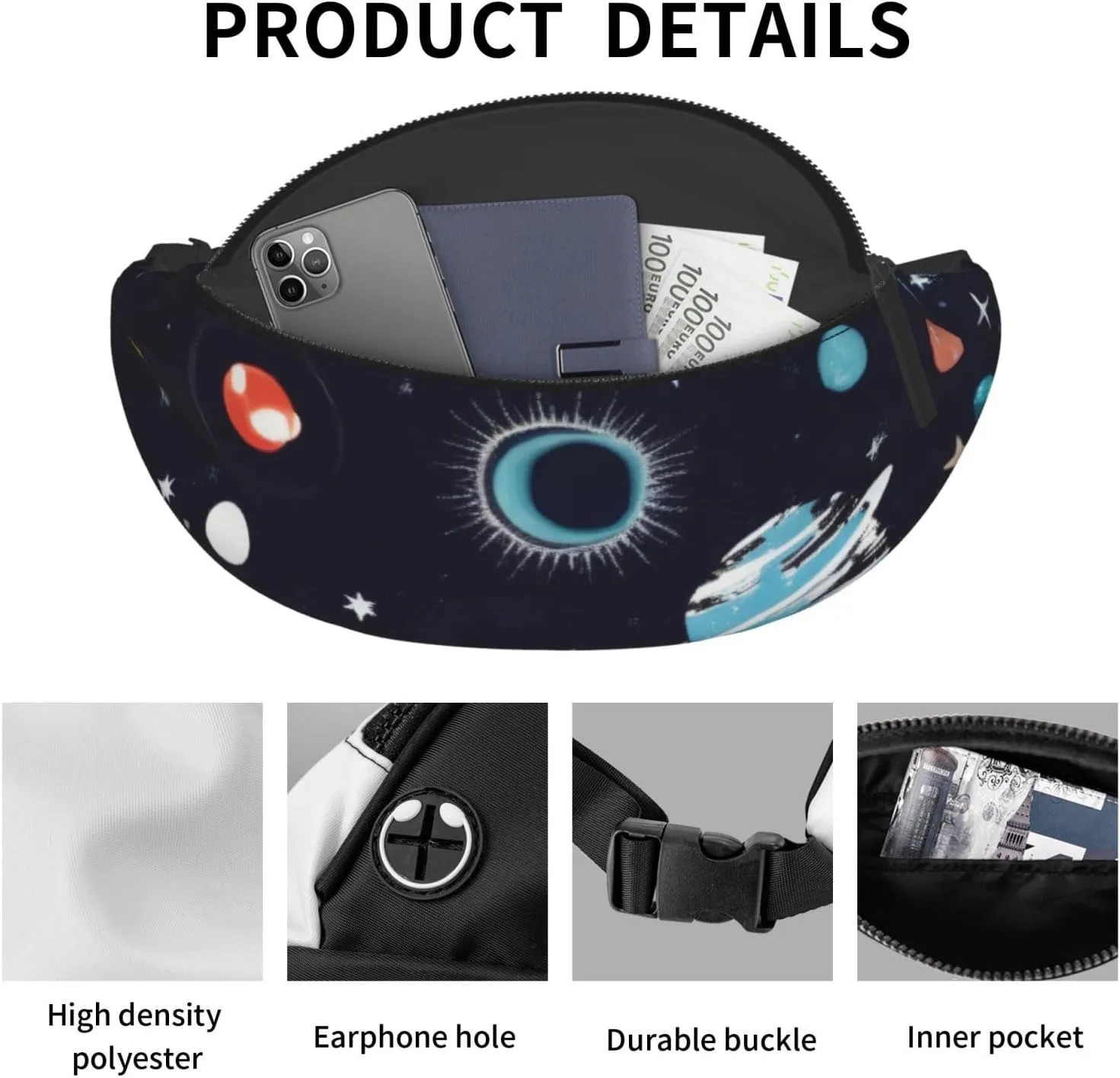Large Bum Bag Galaxy Decor Waist Fanny Pack For Men Women,Bumbags With Headphone Jack And Zip Pockets Adjustable Belt For Sport Running Hiking Camping Workout Cycling