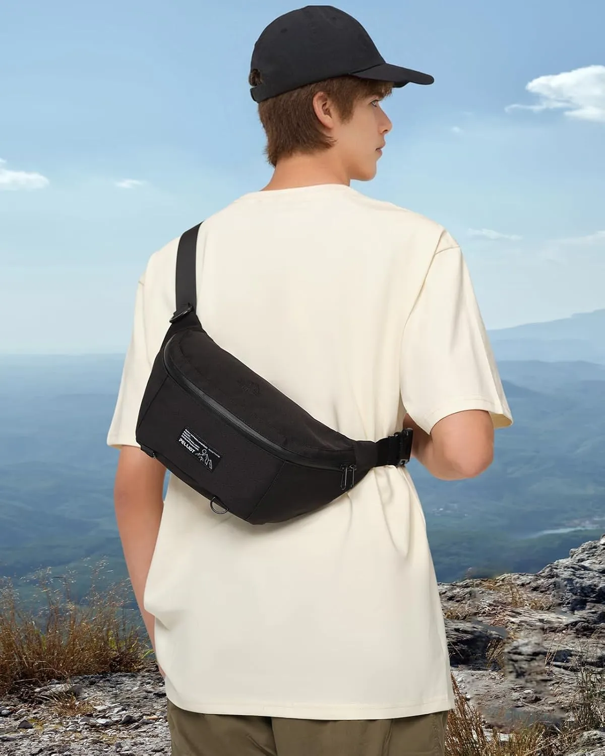 Large Fanny Pack Crossbody Bag Water Repellent Waist Pack Adjustable Belt Bag for Travel Hiking Running Cycling Men Women Black