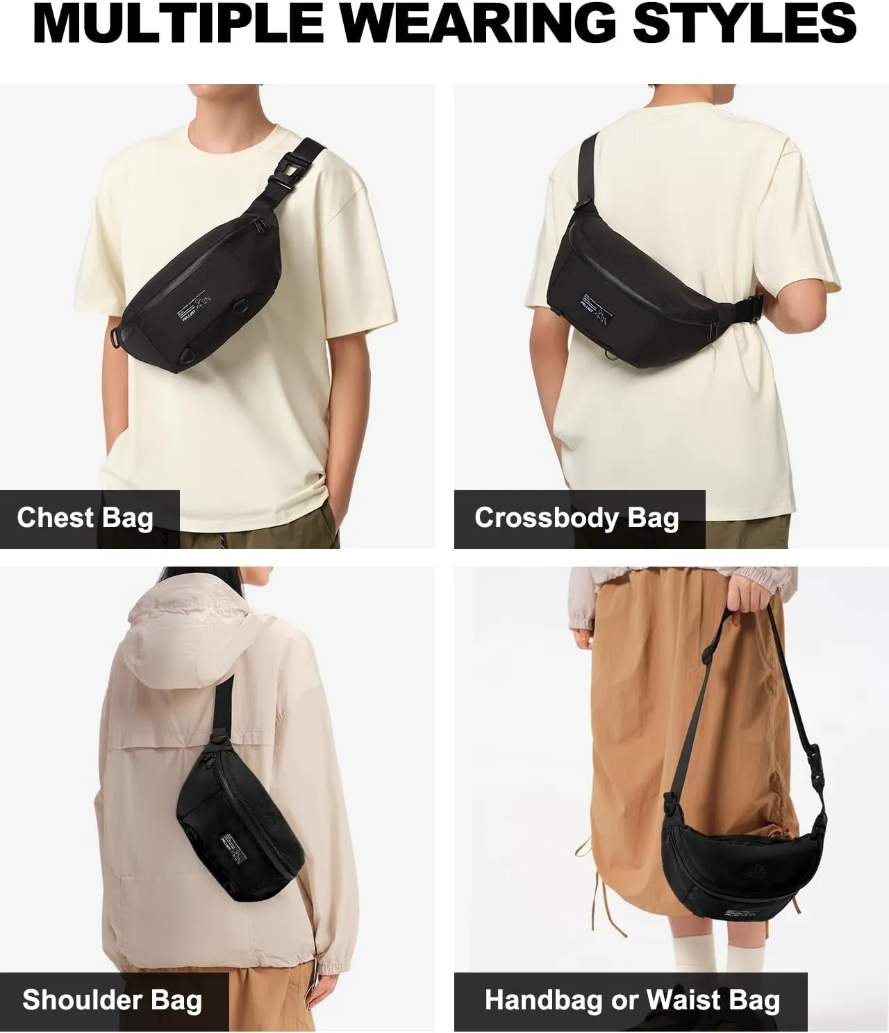Large Fanny Pack Crossbody Bag Water Repellent Waist Pack Adjustable Belt Bag for Travel Hiking Running Cycling Men Women Black