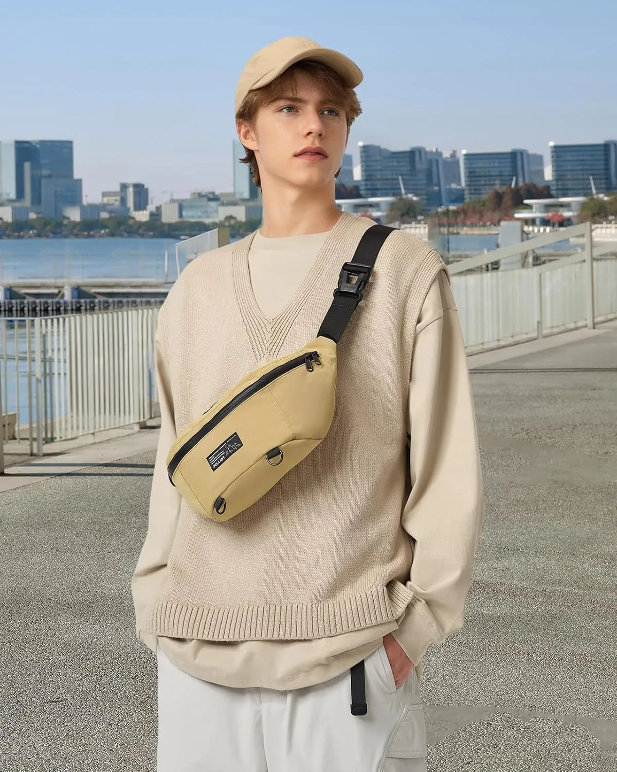 Large Fanny Pack Crossbody Bag Water Repellent Waist Pack Adjustable Belt Bag for Travel Hiking Running Cycling Men Women Khaki