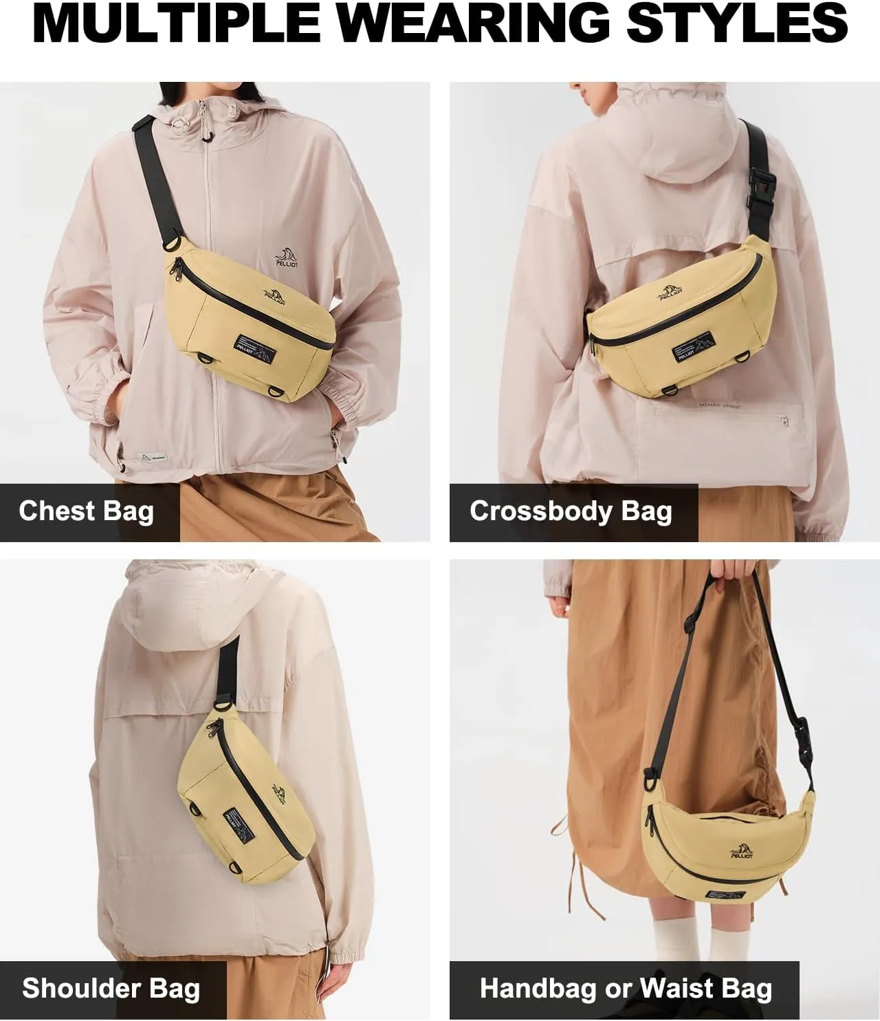 Large Fanny Pack Crossbody Bag Water Repellent Waist Pack Adjustable Belt Bag for Travel Hiking Running Cycling Men Women Khaki