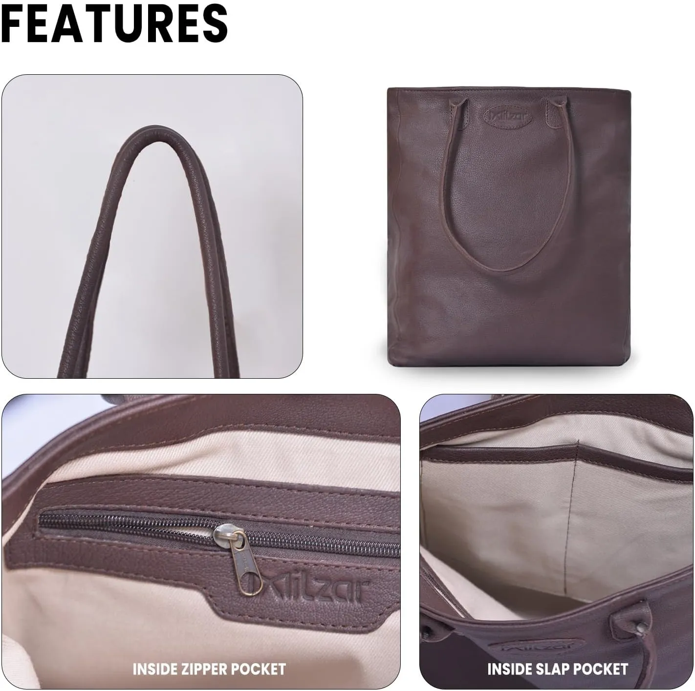 Large Leather Tote Bag for Women Soft Semi Veg Goat Skin, Top Handle, Inside Zipper Pockets Leather Tote Bags for Women