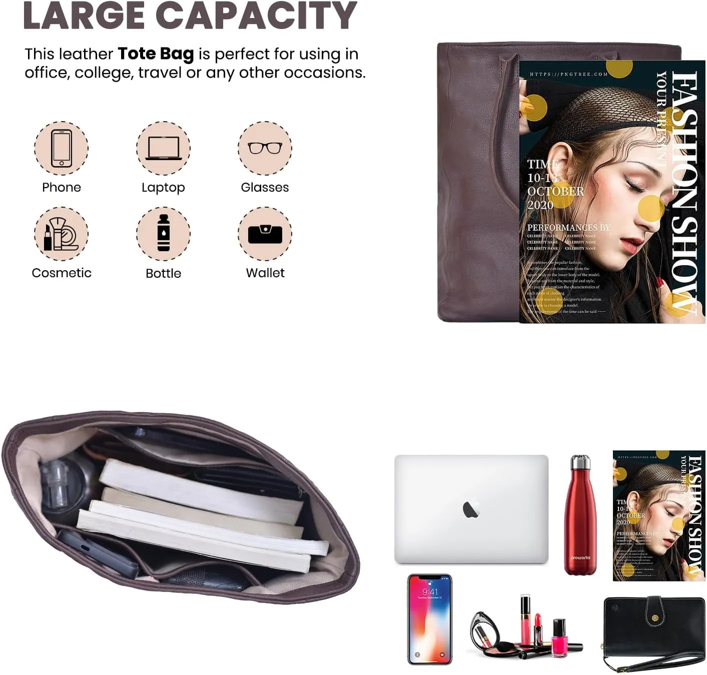 Large Leather Tote Bag for Women Soft Semi Veg Goat Skin, Top Handle, Inside Zipper Pockets Leather Tote Bags for Women