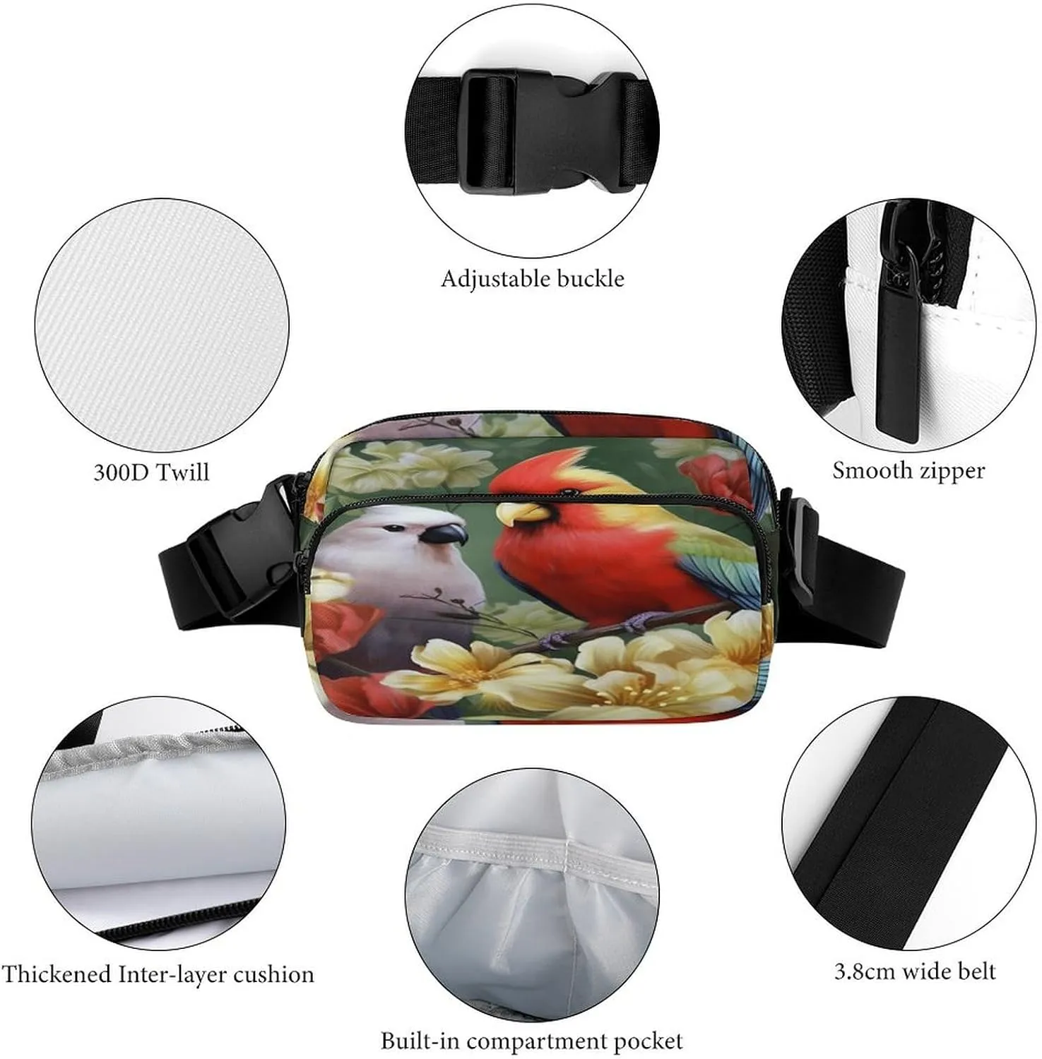 Large Waist Packs with Adjustable Strap,Bird with Flowers CrossBody Fanny Pack Casual Bag for Travel Sports Running Hiking