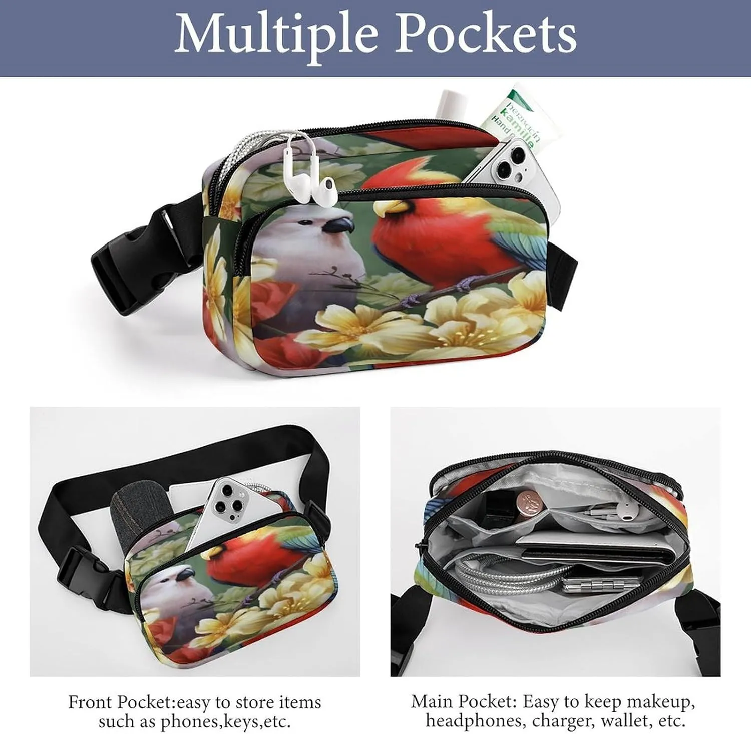 Large Waist Packs with Adjustable Strap,Bird with Flowers CrossBody Fanny Pack Casual Bag for Travel Sports Running Hiking