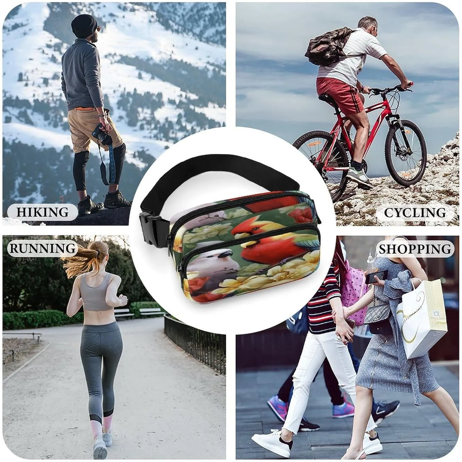 Large Waist Packs with Adjustable Strap,Bird with Flowers CrossBody Fanny Pack Casual Bag for Travel Sports Running Hiking