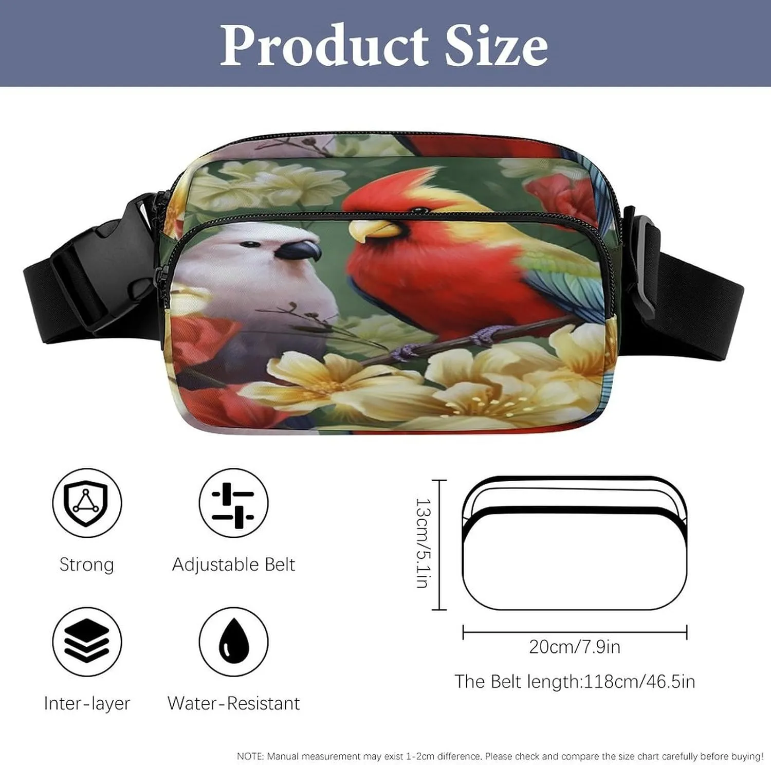 Large Waist Packs with Adjustable Strap,Bird with Flowers CrossBody Fanny Pack Casual Bag for Travel Sports Running Hiking