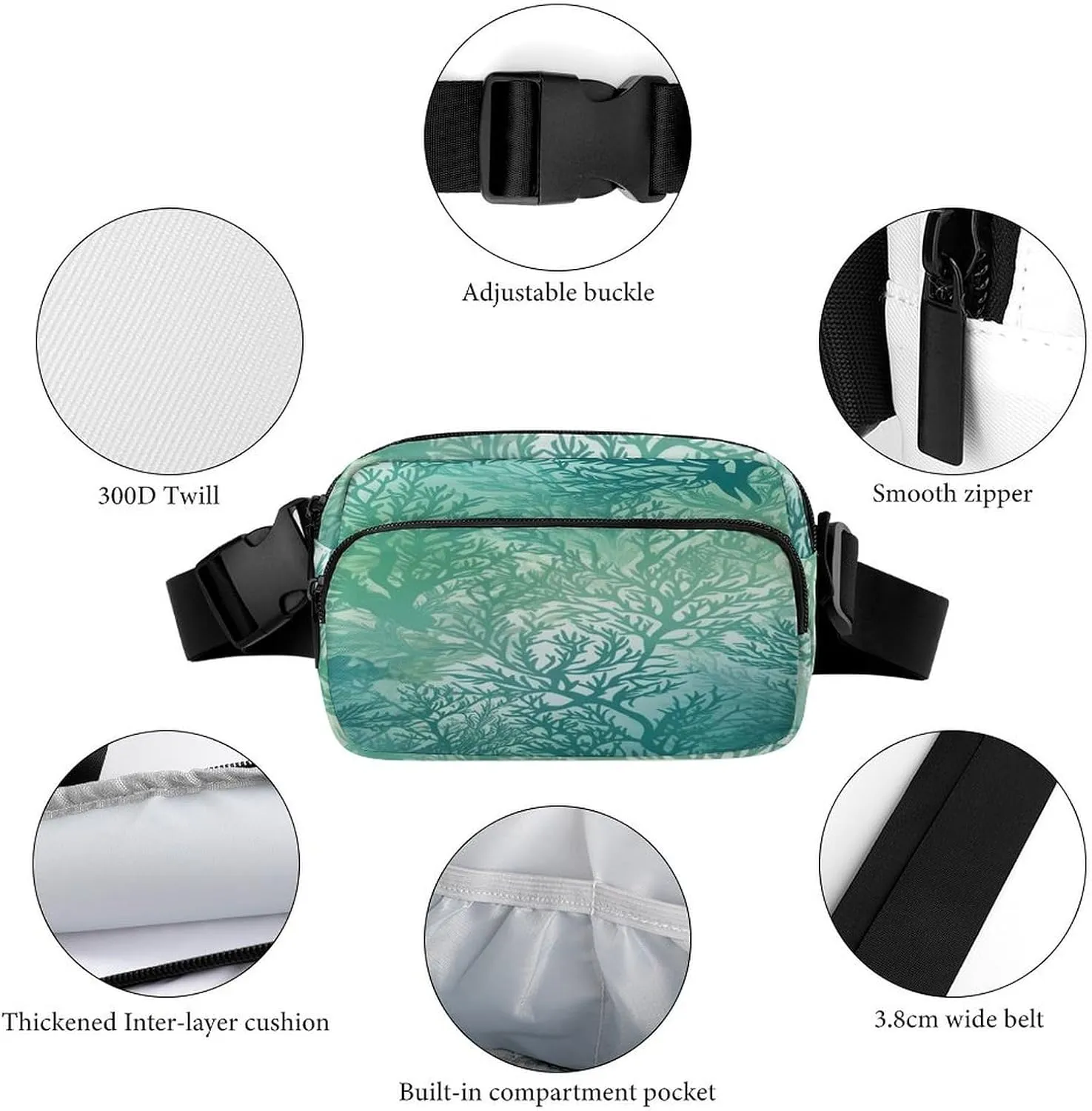 Large Waist Packs with Adjustable Strap,Green Sea Blue Seaweed CrossBody Fanny Pack Casual Bag for Travel Sports Running Hiking