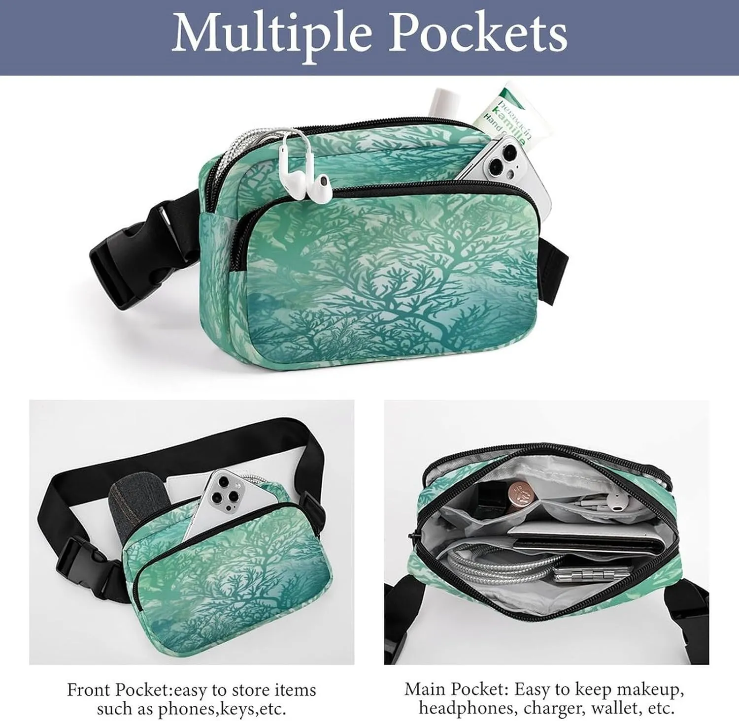 Large Waist Packs with Adjustable Strap,Green Sea Blue Seaweed CrossBody Fanny Pack Casual Bag for Travel Sports Running Hiking