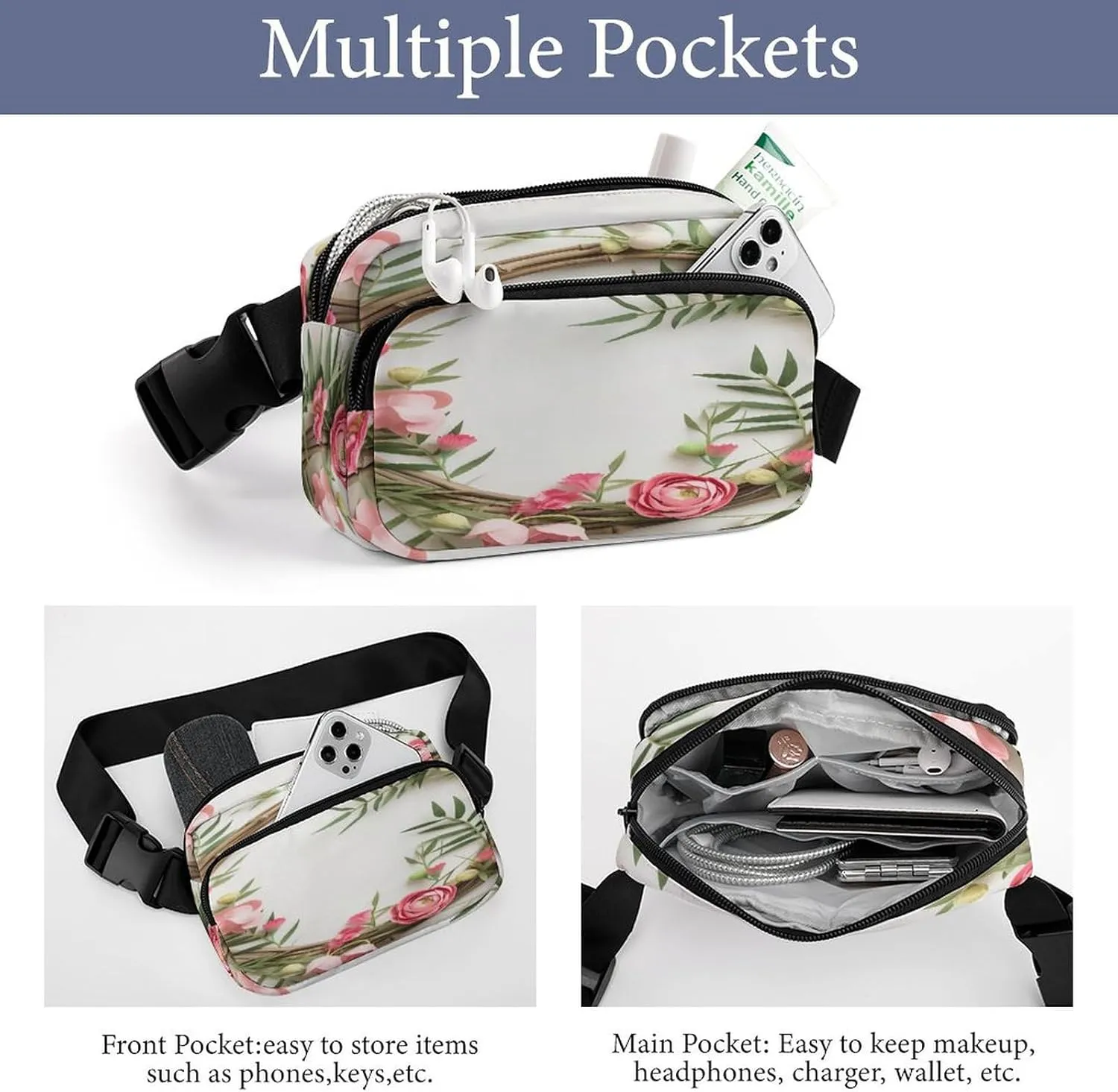 Large Waist Packs with Adjustable Strap,Handmade Garland CrossBody Fanny Pack Casual Bag for Travel Sports Running Hiking