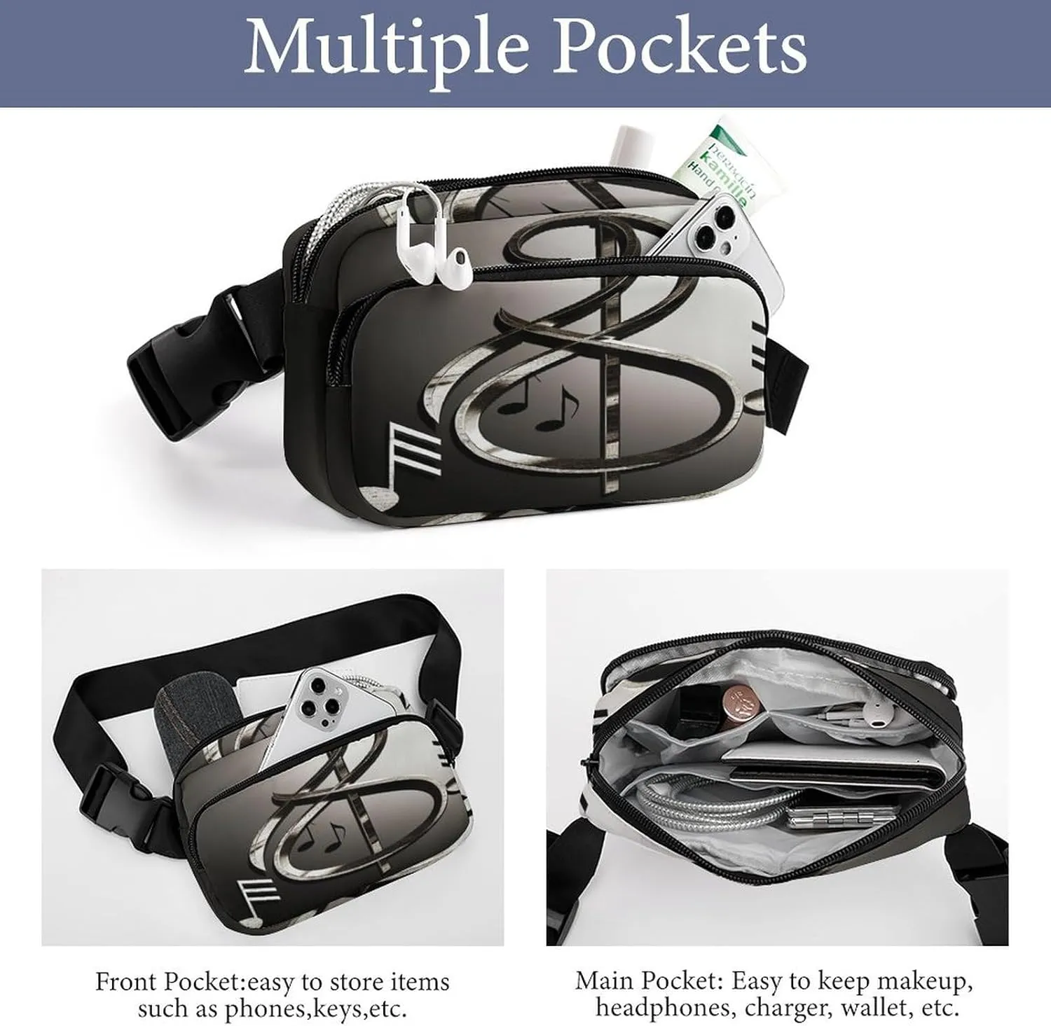 Large Waist Packs with Adjustable Strap,Music Symbol CrossBody Fanny Pack Casual Bag for Travel Sports Running Hiking