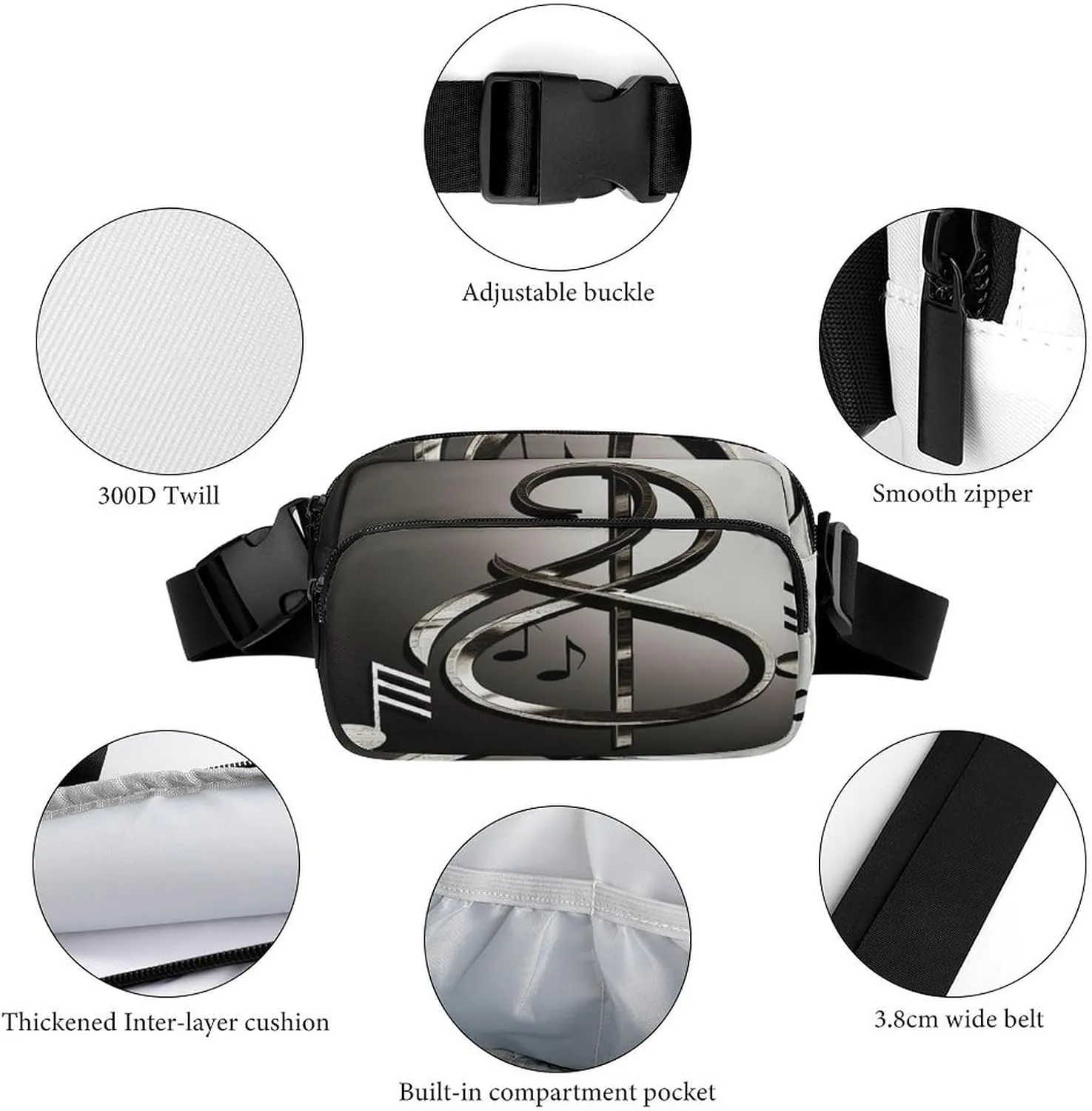 Large Waist Packs with Adjustable Strap,Music Symbol CrossBody Fanny Pack Casual Bag for Travel Sports Running Hiking