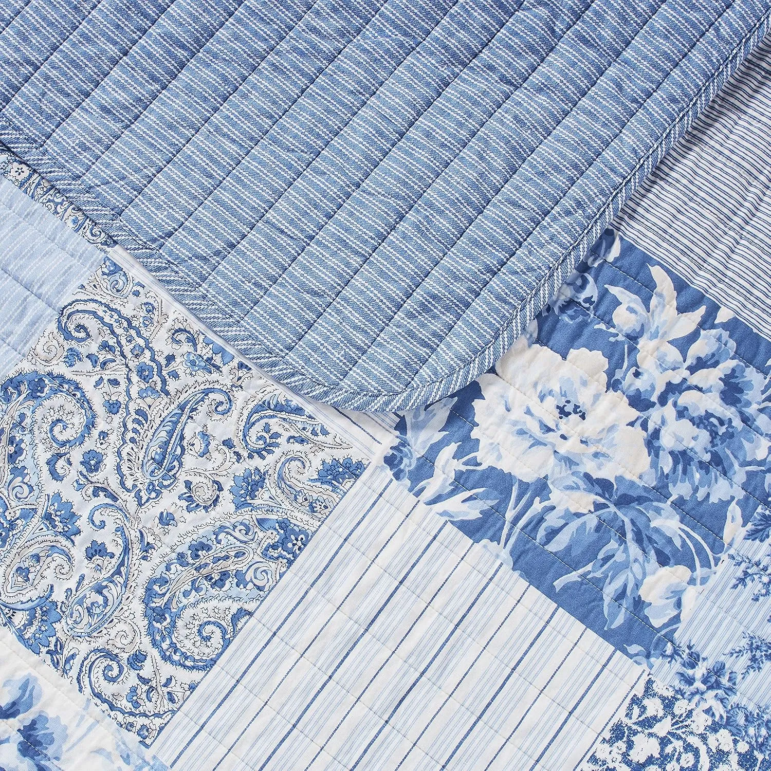 Laura Ashley - Twin Quilt Set, Reversible Cotton Bedding with Matching Sham, Farmhouse Inspired Home Decor (Paisley Printed Patchwork Blue, Twin)