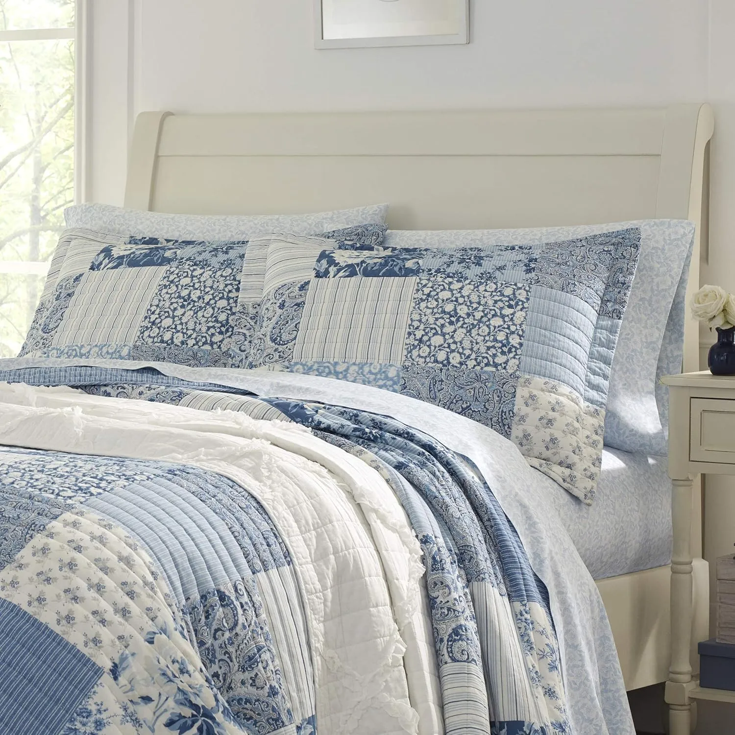 Laura Ashley - Twin Quilt Set, Reversible Cotton Bedding with Matching Sham, Farmhouse Inspired Home Decor (Paisley Printed Patchwork Blue, Twin)