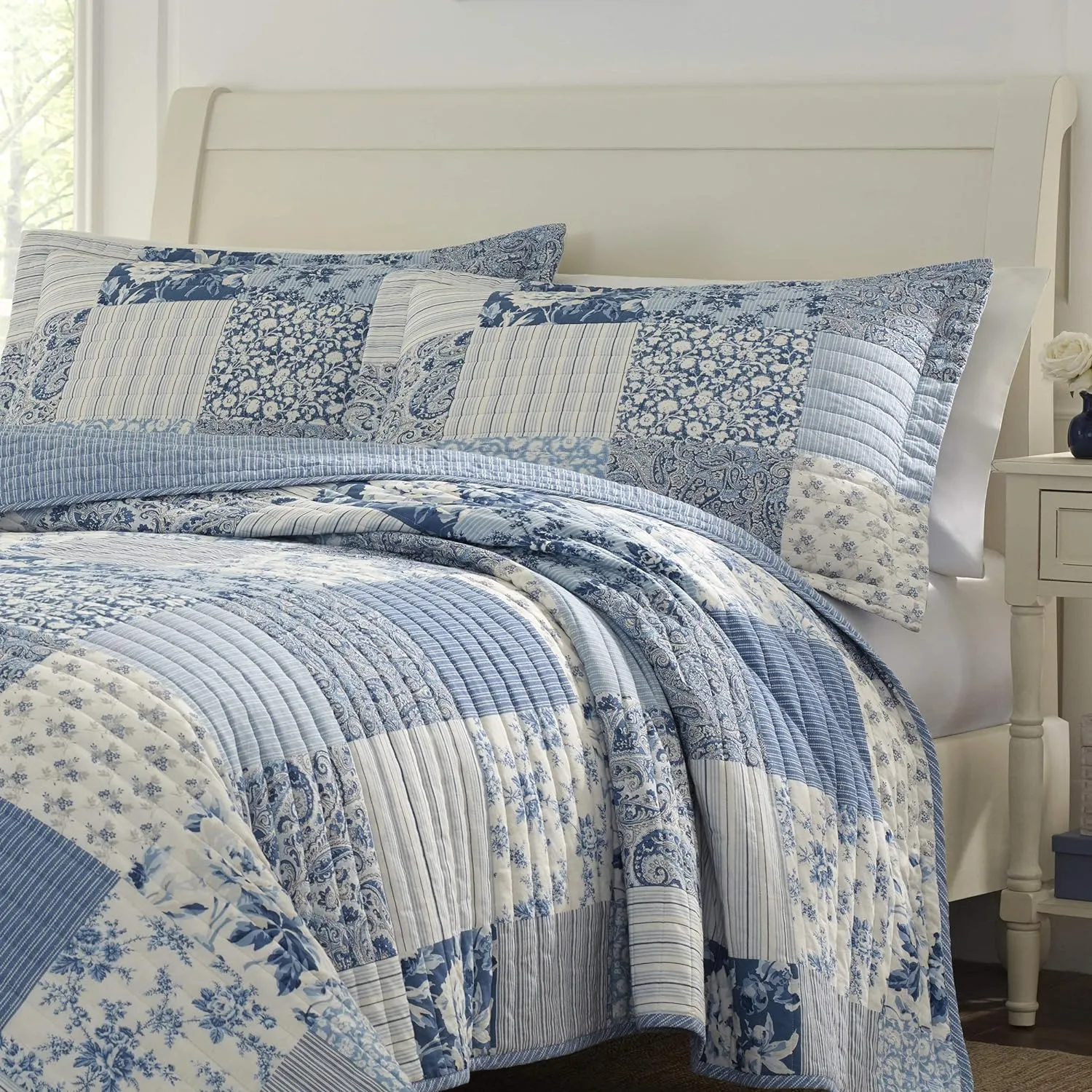 Laura Ashley - Twin Quilt Set, Reversible Cotton Bedding with Matching Sham, Farmhouse Inspired Home Decor (Paisley Printed Patchwork Blue, Twin)