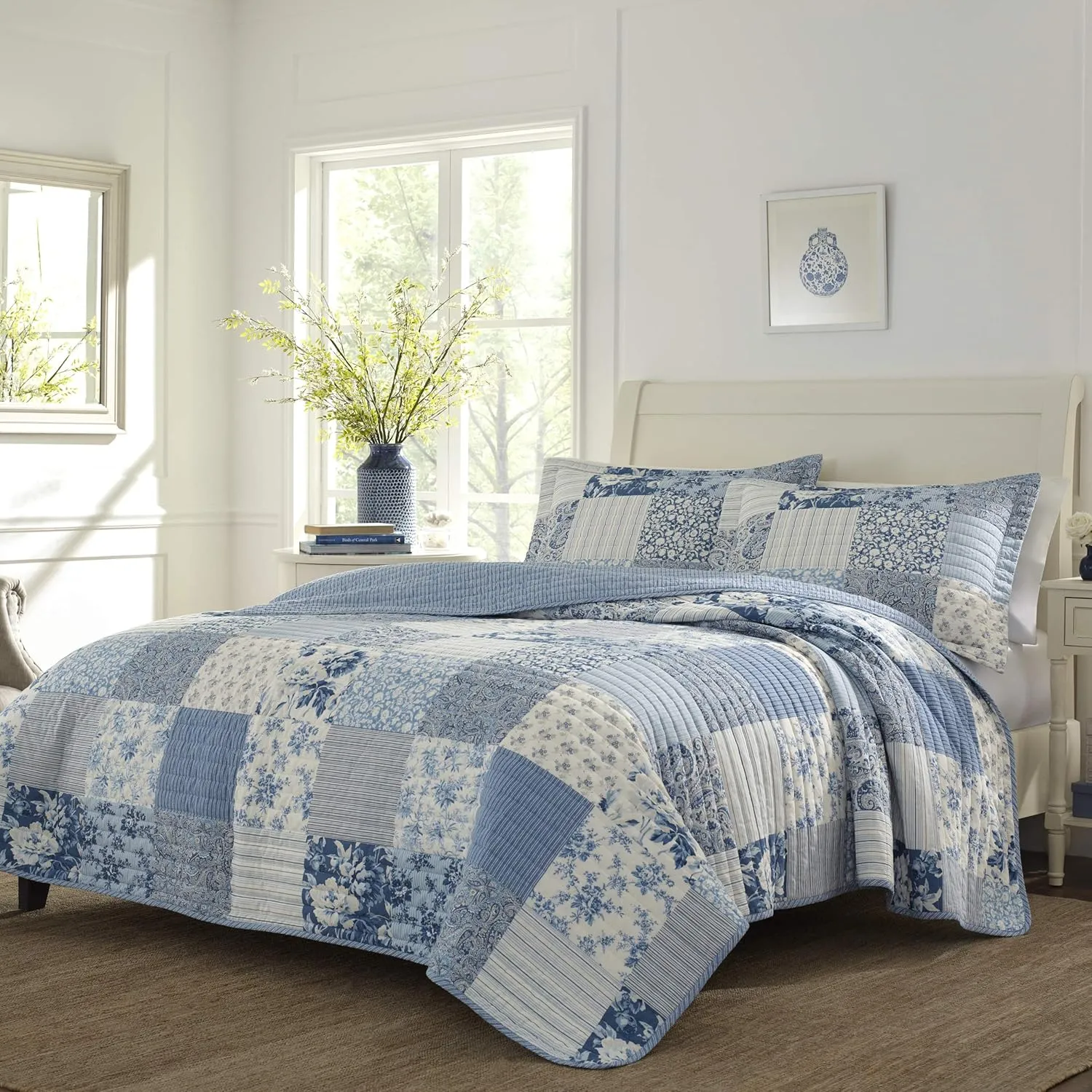 Laura Ashley - Twin Quilt Set, Reversible Cotton Bedding with Matching Sham, Farmhouse Inspired Home Decor (Paisley Printed Patchwork Blue, Twin)