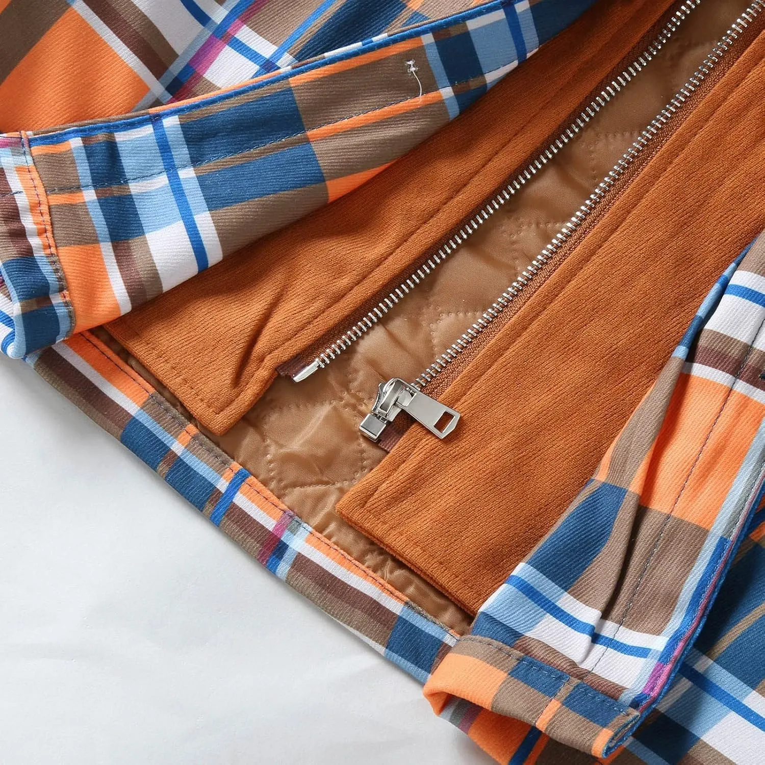 LCMTWX Fleece Plaid Flannel Jacket Plaid Print Lapel Button Down Pocket Long Sleeve Shirt Patchwork Jacket Thickened Sherpa