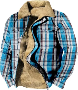 LCMTWX Fleece Plaid Flannel Jacket Plaid Print Lapel Button Down Pocket Long Sleeve Shirt Patchwork Jacket Thickened Sherpa