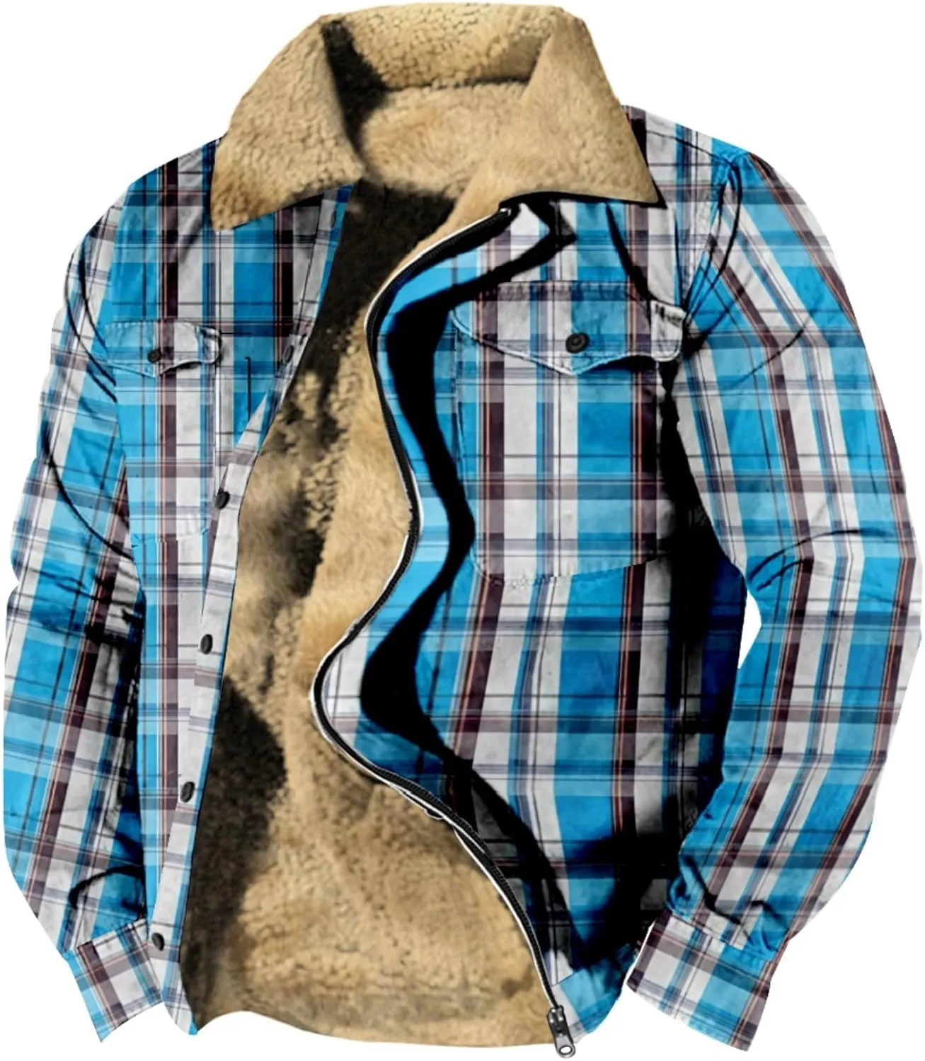 LCMTWX Fleece Plaid Flannel Jacket Plaid Print Lapel Button Down Pocket Long Sleeve Shirt Patchwork Jacket Thickened Sherpa
