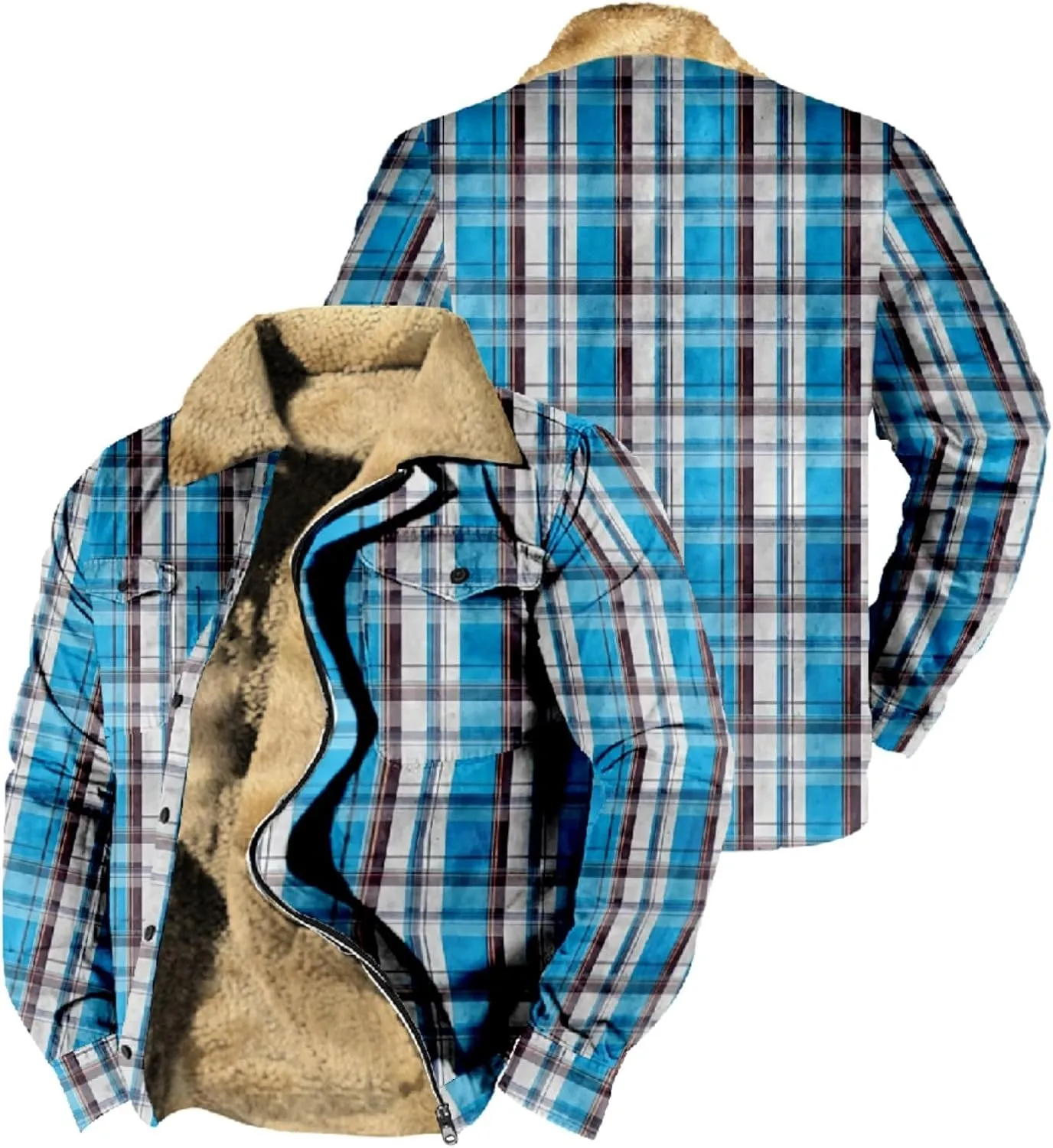 LCMTWX Fleece Plaid Flannel Jacket Plaid Print Lapel Button Down Pocket Long Sleeve Shirt Patchwork Jacket Thickened Sherpa