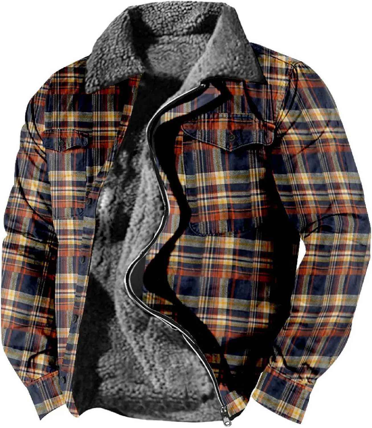 LCMTWX Fleece Plaid Flannel Jacket Print Hooded Zipper Pocket Long Sleeve Shirt Patchwork Jacket Loose Casual Thickened