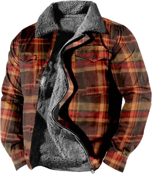 LCMTWX Fleece Plaid Flannel Jacket Print Hooded Zipper Pocket Long Sleeve Shirt Patchwork Jacket Loose Casual Thickened