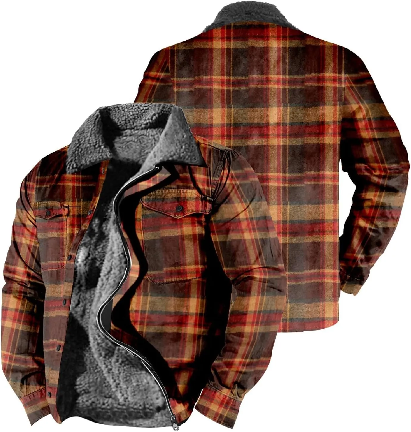 LCMTWX Fleece Plaid Flannel Jacket Print Hooded Zipper Pocket Long Sleeve Shirt Patchwork Jacket Loose Casual Thickened