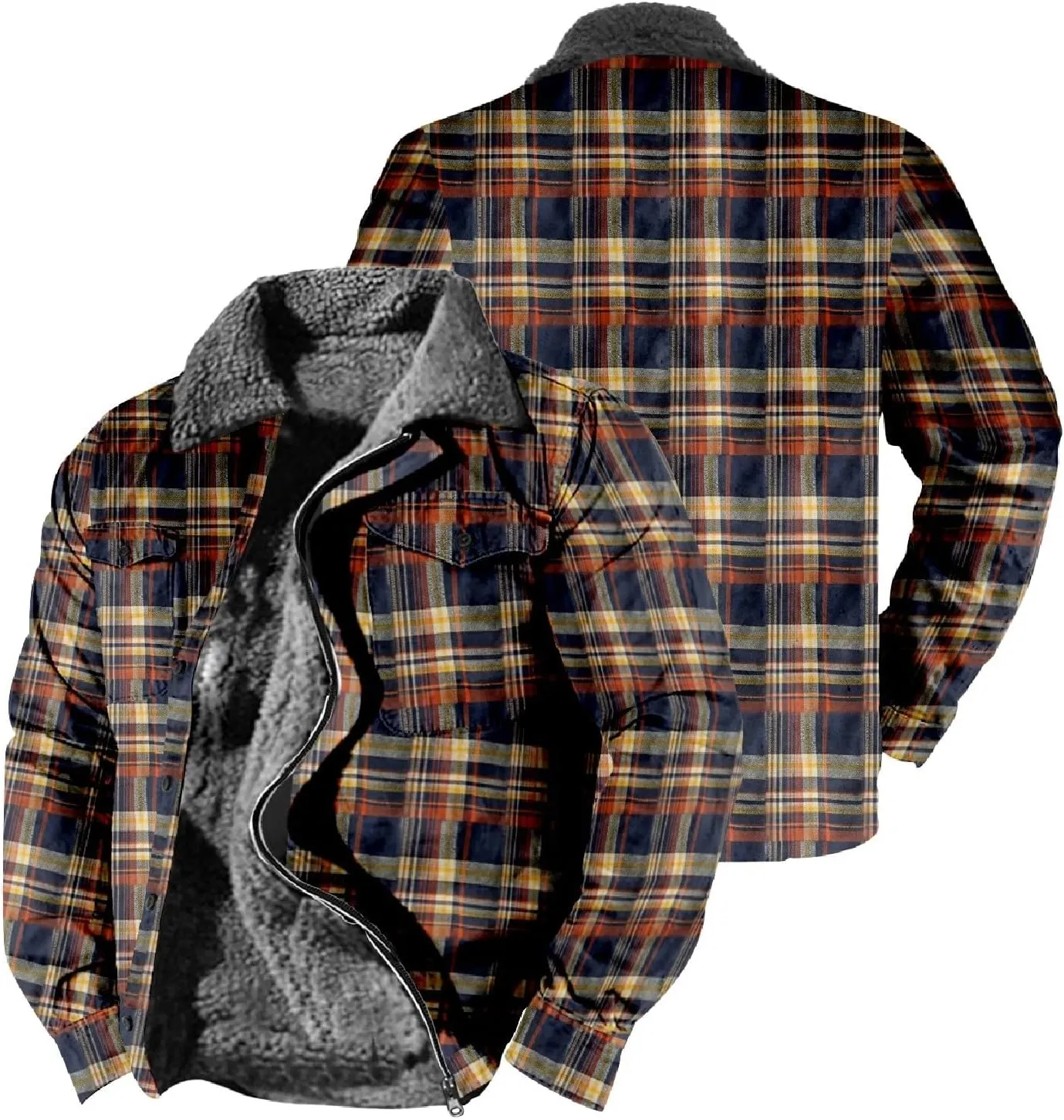 LCMTWX Fleece Plaid Flannel Jacket Print Hooded Zipper Pocket Long Sleeve Shirt Patchwork Jacket Loose Casual Thickened